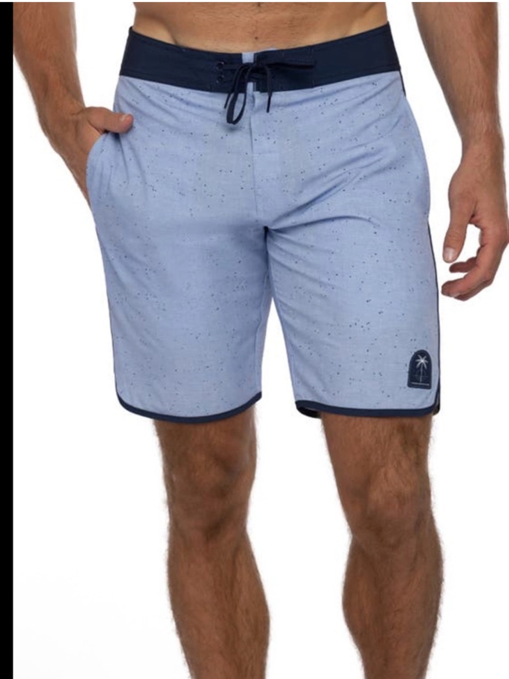 Travis Mathew Light Blue Swim Board Shorts with Navy Waistband